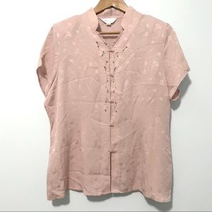 Vintage Dusty Pink Silk Embroidery Short Sleeve Blouse Y2K 90’s Size L
